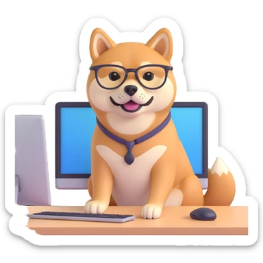 shiba inu with eye glasses and computer sticker
