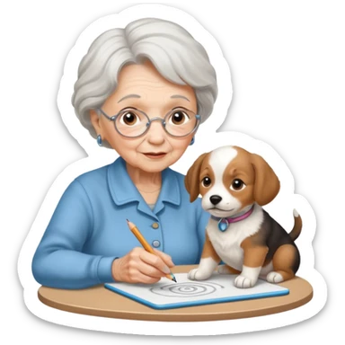 An elderly woman sketching her puppy face on the spiral pad. sticker