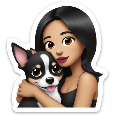 Thick medium black hair with black eyes and pink lip and pink cheek Filipino lady hugging black and white Chihuahua  sticker