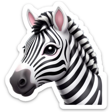 Cinematic Cute Zebra Portrait Emoji, Head tilted playfully and inquisitively, featuring a glossy, intricately striped fur of black and white, a refined, horse-like head with a long snout and alert ears, and round, sparkling eyes filled with curious wonder, Simplified yet irresistibly adorable features, highly detailed, glowing with a warm, friendly glow, high shine, affectionate and spirited, stylized with a touch of savannah whimsy, bright and endearing, soft glowing outline, capturing the essence of a mischievous yet loving zebra that feels like it could prance out of the screen and into your arms! sticker