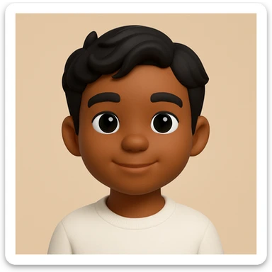 Make the boy slightly darker with tanned skin, keeping his black wavy hair, black eyes, no beard or mustache, and wearing a white sweatshirt. The style should resemble 3D emoji style. sticker