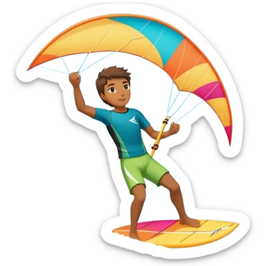 A professional kite surfer riding the waves, holding the kite in front of them as the wind fills the sail, propelling them across the water. The backdrop features a stunning landscape with a vibrant sky, crashing waves, and a sense of motion and adventure. sticker