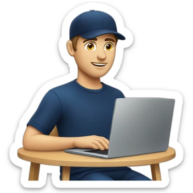 european guy wearing navy cap using laptop sticker