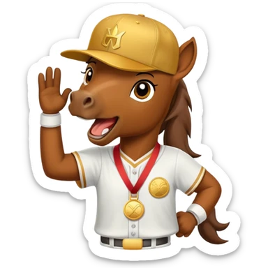 friendly anthropomorphised horse in a hip-hop outfit, wearing a gold medal and a baseball hat sticker