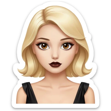 Blonde model with brown eyes, black silk dress, luxury makeup sticker