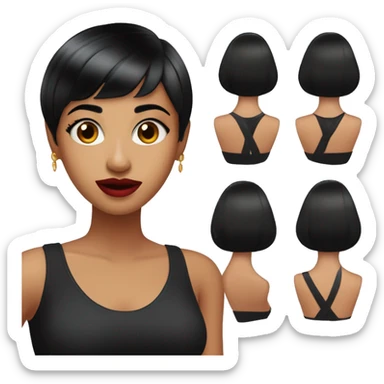 Young Indian women half shaved head and half with bob haircut with bangs (black hair) (Wearing black sleeveless top) (Makeup) (Red lipstick) (holding hair shavers in one hand) sticker