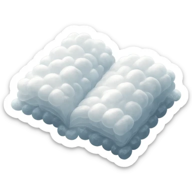 top view of a thick open book made entirely of small, very bright white fluffy convex clouds, matte glass style sticker
