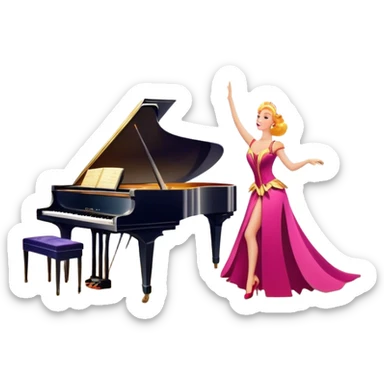 A vintage movie poster-style design featuring musical notes, a shining spotlight, and performers in glamorous costumes. Include elements like a dancing couple, a grand piano, and colorful stage lights. Retro cinematic flair with a lively and joyful atmosphere. Transparent background. sticker