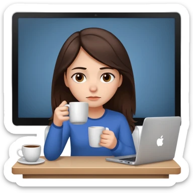 A brunette girl with dark brown eyes, dark circles under eyes, tired, sad face, with a mug of coffee in one hand and sitting in front of a computer sticker