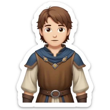 medieval outfit worn by a DnD themed fantasy character. basic low level clothes. clothes only above the waist. The clothes full waist. The character's haven't arms. character is brown hair brown eyes messy hair white man. sticker