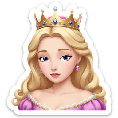 Cinematic Realistic Sleeping Beauty (Aurora) Portrait, with porcelain-like skin featuring a natural rosy flush, illuminated by soft lighting that highlights the gentle contours of her face. Her golden blonde hair flows in soft, detailed waves with subtle highlights that shimmer in the light. Her deep violet-blue eyes radiate warmth and innocence, framed by arched brows and long lashes. Her serene expression exudes quiet elegance. She is dressed in her classic pink gown, the fabric rich in texture with delicate folds that catch the light. A golden crown rests atop her head, gleaming with royal refinement. The portrait captures a soft, glowing aura, blending realism with an ethereal sense of beauty and timeless enchantment. sticker