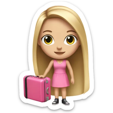 Realistic White girl with Long straight blonde hair and green eyes, tattoos, full body wearing pink dress, holding pink luggage sticker