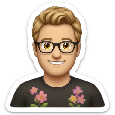 white guy with short brown hair up unshaved wearing glasses and dark t-shirt with flowers print sticker