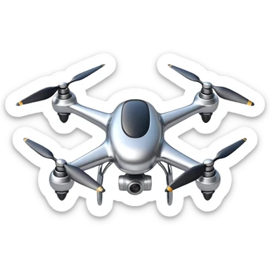 A futuristic drone emoji made of polished silver chrome, smooth rounded body, minimal propellers, reflective metallic surface, soft studio lighting, iOS emoji style, centered, clean white background sticker