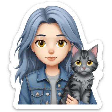 girl with black and yellow hair wearing denim jacket with gray maine coon cat sticker
