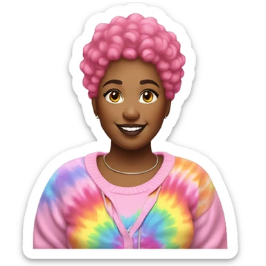 Plus size black woman with pink curly pixie cut hair and a rainbow tie dye sweater  sticker