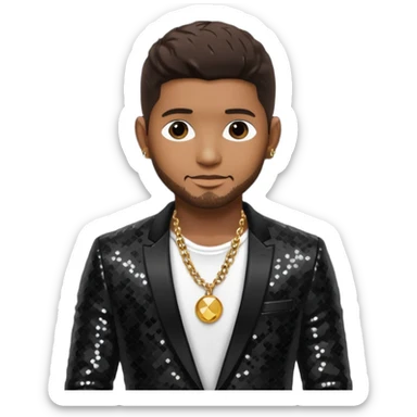 Usher with dark brown hair, black sequin suit jacket, shirtless with necklace sticker