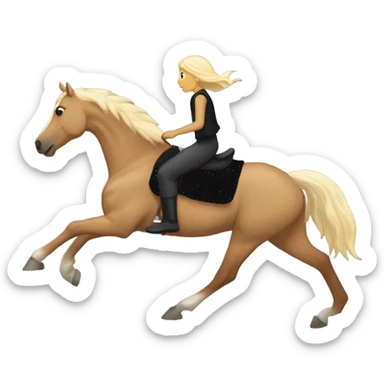  A Palomino horse running with a black sequin rug on his back and a whit rider girl brown hair  on his back without a helmet dressed in black pants and a vest   sticker