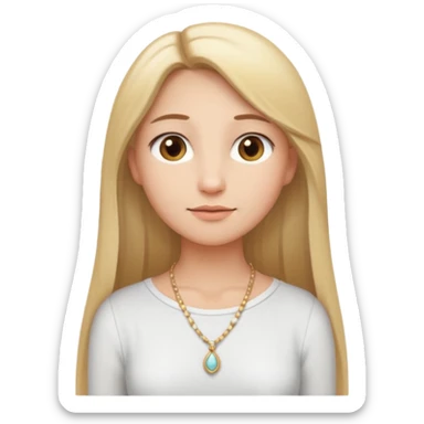 "Cartoon emoji of a girl with long, straight blonde hair, fair skin, soft brown eyes. Wearing a white top with a delicate necklace, serene expression, calm and peaceful. Smooth, simple, stylized." sticker