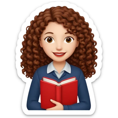 Long Hair Women with red Book, Brown curly hair, happy

 sticker