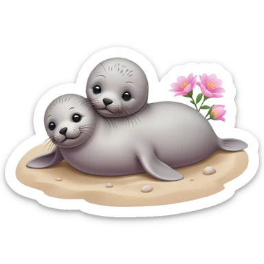A small, slim baby seal resting gracefully on a sandy beach, with a delicate pink flower placed on its head.  Grey color sticker