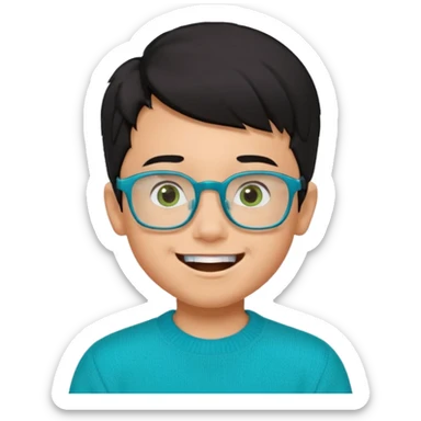 Chico de 7 años, pelo negro y repeinado pero con volumen hacia arriba, piel marrón clarito, gafas cuadradas azules, sonriente y sin 1 diente, jersey verde turquesa y ojos muy rasgados, Y NO redondeados sticker