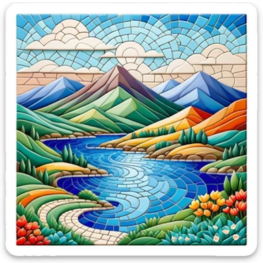 Mosaic art icon, colorful tiles forming a detailed picture, like a landscape, intricate patterns, some tiles in process of placement, minimalistic style, clean lines, transparent background. sticker