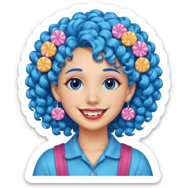 candy shop vendor, looking like candy with candy earrings and candy hair with big smile and blue curly hair sticker