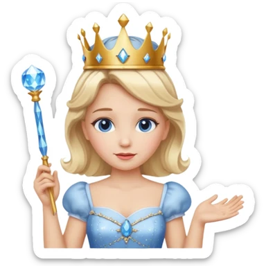 dorothy queen blonde hair, white dress with magic wand, rounded sparcle, and crown on head.Decolded blue dress sticker