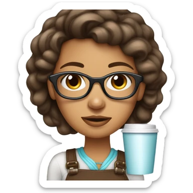 Mujer joven que tiene el pelo café tomado y con rulos, ojos café, aro en la nariz, polera celeste y lentes sticker