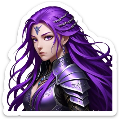 A mysterious warrior girl with long, flowing purple hair cascading down her back, strands catching the dim light like silk. Her piercing violet eyes glow beneath her furrowed brow, sharp with determination and wisdom beyond her years. She wears sleek black armor, a perfect fusion of elegance and lethality, adorned with intricate silver engravings resembling ancient runes. A dark cape billows behind her, torn at the edges from countless battles. Her gauntleted hands rest on the hilt of a slender, obsidian-hued sword, its blade humming faintly with hidden power.  sticker