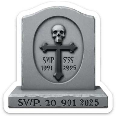 A gravestone with the inscription: 
Here rests the SVP 1971–2025 sticker