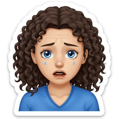white young pretty woman long dark brown CURLY hair, with a blue shirt, in despair crying, brown eyes, septum nose piercing sticker