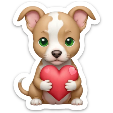 White and tan pitbull puppy with green eyes and cropped ears holding a heart sticker
