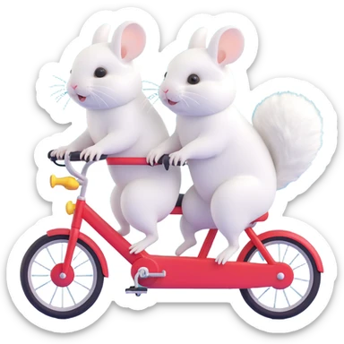 two white fluffy chinchillas riding together on a two-seater bike, cute and playful, clear details sticker