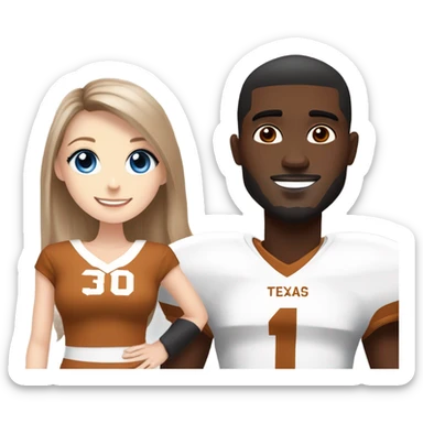 Beautiful girl, pale skin, blue eyes, long straight beautiful light brown hair, wearing Texas Longhorn football cheerleading uniform, standing next to one handsome black man with short black hair wearing Texas longhorn football jersey sticker