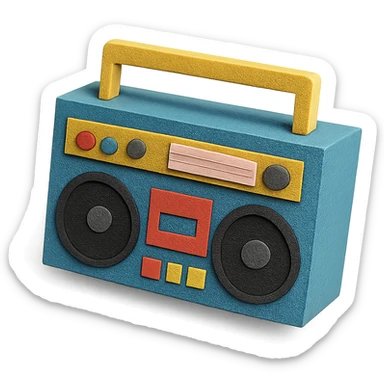 angled view of a paper-craft style boombox with extra details like buttons and speakers sticker