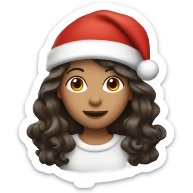 Girl with long wavy dark brown hair wearing a Santa hat sticker