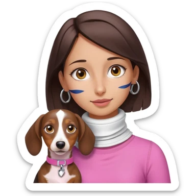 a brunette girl, olive skin, hazel eyes, pink top, neck brace on her neck because she’s injured , piebald dachshund next to her only brown and white sticker