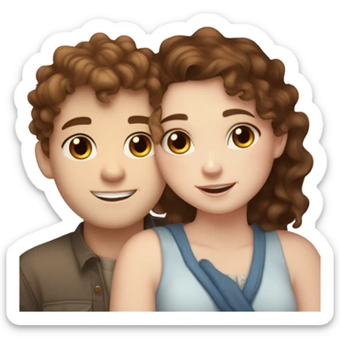 Cute chubby Girl with brown curly hair and blue eyes and pale skin with freckles hugging a tall handsome boy with brown hair brown eyes and white skin sticker