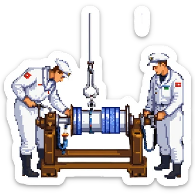 Russian sailor operating winch to collect marine geology samples and scientists in laboratory examining sediment cores sticker