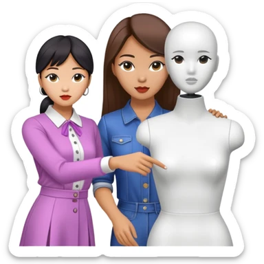asian female clothing designer, designing kpop clothing on a headless mannequin sticker