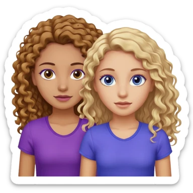 Twin sisters, one has brown eyes, long curly brown hair, the other one has blue eyes and straight blond hair purple top sticker