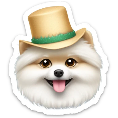 White Pomeranian with a hat sticker