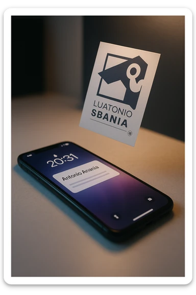 A photo of an iPhone with the message "Antonio Anania" on its screen, hovering over it is another document floating in mid-air, both surrounded by soft light and shadow. The phone sits atop a desk with a blurred background that suggests work environment. A faint glow from above casts gentle shadows across the surface of each object, creating depth and highlighting their textures. sticker