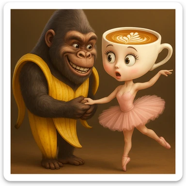 Edit the image to make the ballerina coffee cup character surprised and the gorilla-banana character mischievous, keeping their original style, outfits, and colors exactly as in the reference image. sticker