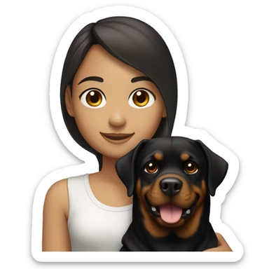 smiling light skinned girl with long straight dark brown hair holding a rottweiler sticker