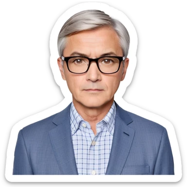Middle-aged man around 50, square face with slight wrinkles, large dark square-framed glasses, short straight hair with subtle graying and side part. Composed serious expression. Wearing a light gray blazer over a white button-up shirt with blue checkered pattern. sticker