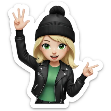 iPhone emoji style girl, blonde hair, black beanie, green eyes, freckles, winking, tongue out. Wearing black leather jacket, black leggings, big boobs, long white socks. Right hand doing "OK" sign. Full body, playful skater vibe, transparent background. sticker