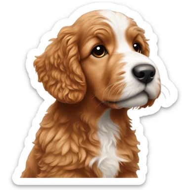 Red goldenoodle puppy with white tuft at end of nose and white spot on top of head sticker